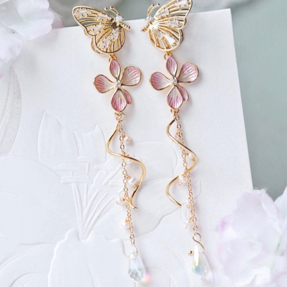 Korean Butterfly & Rhinestone Drop Earrings